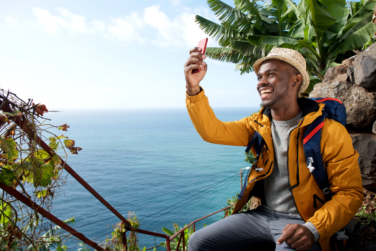 Happy African American Travel Man Taking Selfie